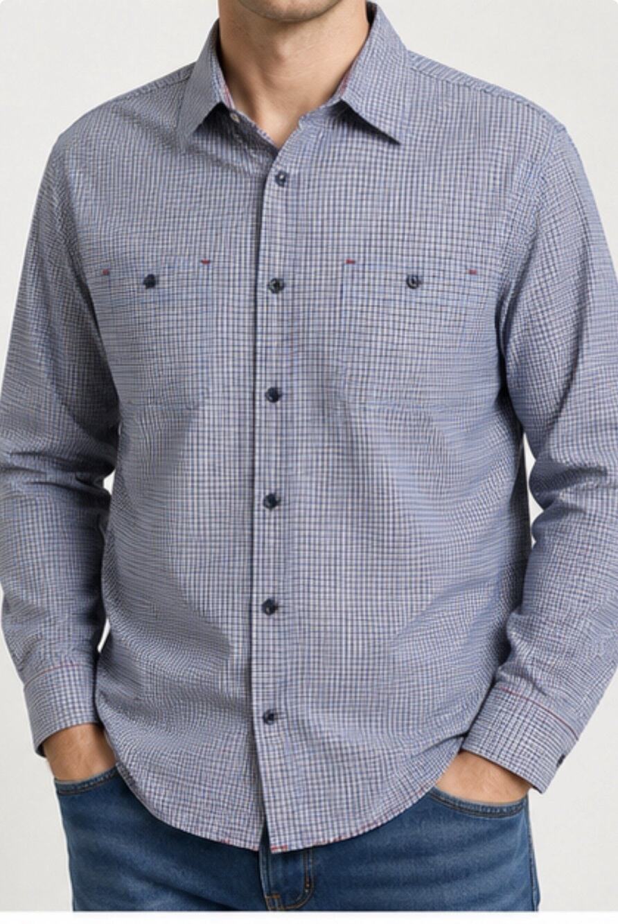 Vintage Italia C.1958 Mens Button Up Shirt Blue Brown Check Long Sleeve Large